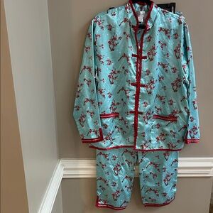Kathryn Vintage Blue Satin Pajama Set with Red Trim and Floral Pattern Large